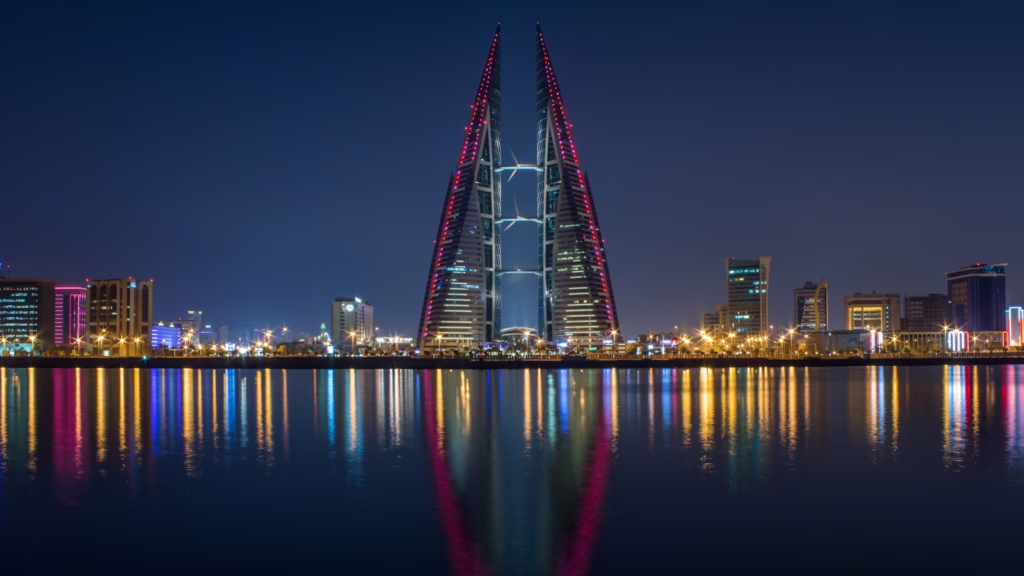 Bahrain World Trade Center and Manama waterfront at night