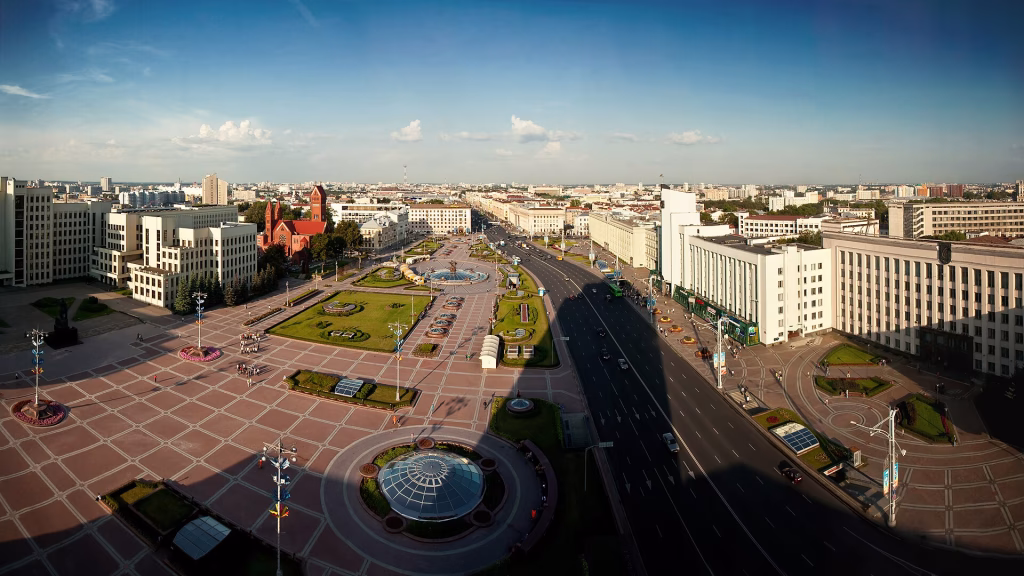 Independence Square in Minsk with Church of Saints Simon and Helena