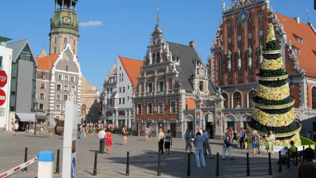 Riga Town Hall Square with the House of the Blackheads and St Peters Church