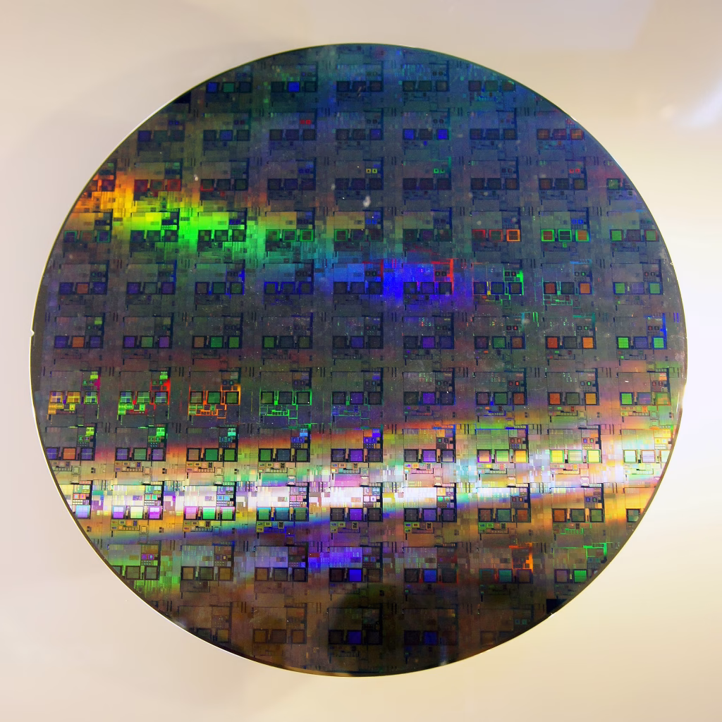 Twelve-inch silicon wafer showing a dense grid of chip dies with iridescent surface colors